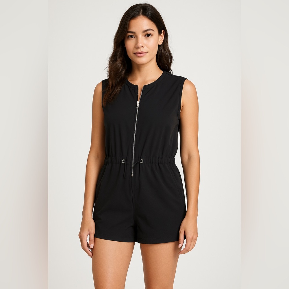 Black‎ Sleeveless Zip-Up Romper – Casual Drawstring Waist